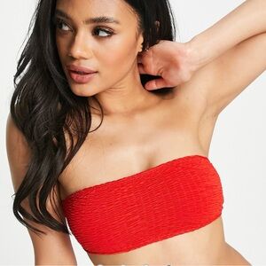 NWT Missguided Red Crinkle Lattice Textured Bandeau Bikini Top Size 8 Swim Beach